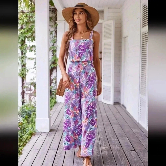 Allover Floral Print Wide Leg Cami Jumpsuit - Picture 1 of 6